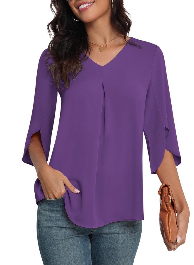 LAOLASI 2025 Blouses for Women Autumn 3/4 Sleeve V Neck Casual Dressy Blouse Work Cute Ladies Tops Shirts,Purple,L - Image 3
